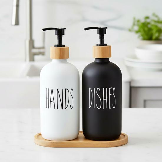 Obrázek z Sada dávkovačů s pumpičkou na mýdlo a jar na podnose