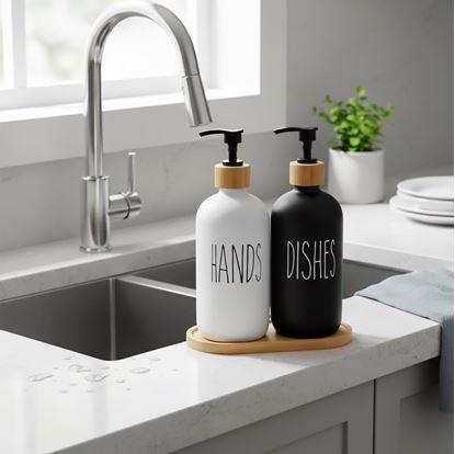 Obrázek Sada dávkovačů s pumpičkou na mýdlo a jar na podnose