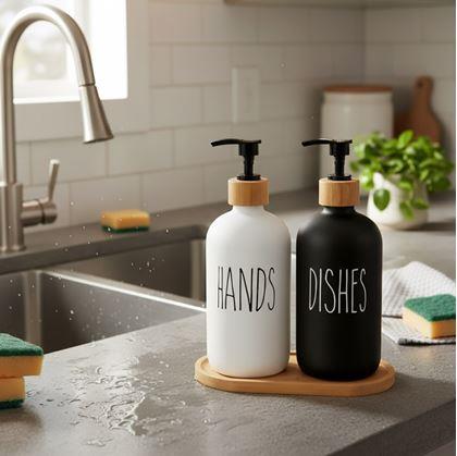 Obrázek z Sada dávkovačů s pumpičkou na mýdlo a jar na podnose