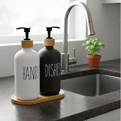 Obrázek z Sada dávkovačů s pumpičkou na mýdlo a jar na podnose