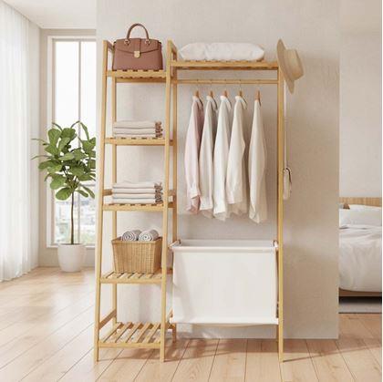Obrázek z Dřevěný stojan na oblečení s policemi a věšákem - šířka 80 cm