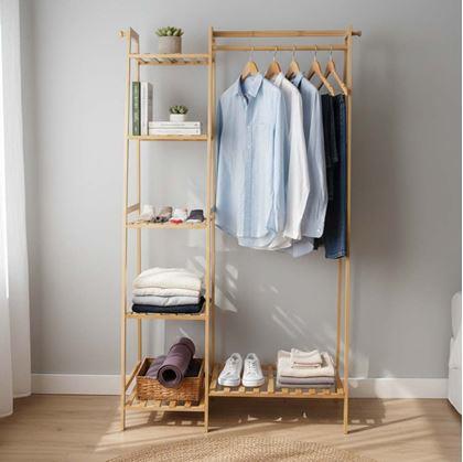 Obrázek z Dřevěný stojan na oblečení s policemi a věšákem - šířka 80 cm