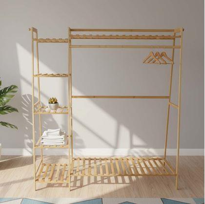 Obrázek z Dřevěný stojan na oblečení s policemi a věšákem - šířka 130 cm