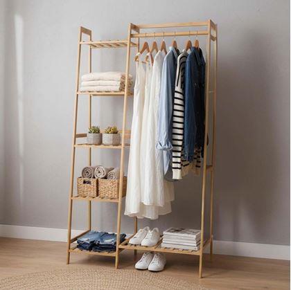 Obrázek z Bambusový stojan na oblečení s policemi a věšákem - šířka 80 cm