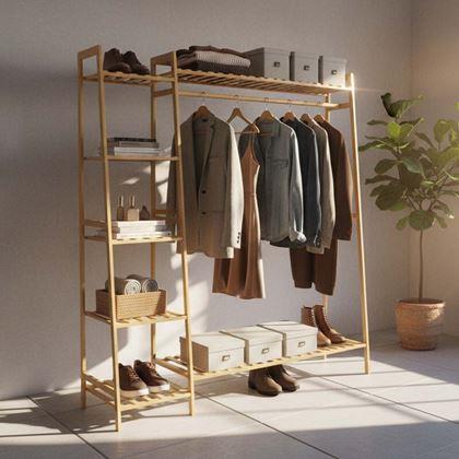 Obrázek z Bambusový stojan na oblečení s policemi a věšákem - šířka 130 cm