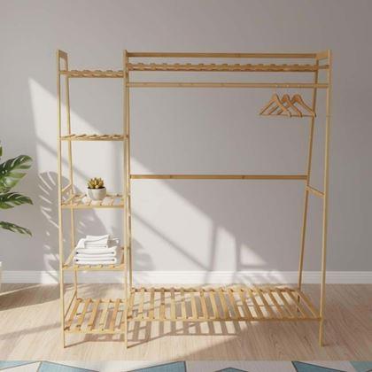 Obrázek z Bambusový stojan na oblečení s policemi a věšákem - šířka 130 cm