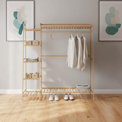 Obrázek z Bambusový stojan na oblečení s policemi a věšákem - šířka 130 cm