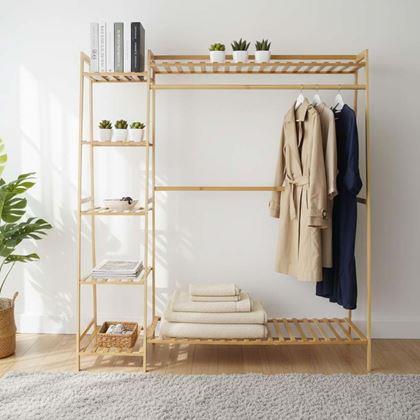 Obrázek z Bambusový stojan na oblečení s policemi a věšákem - šířka 130 cm